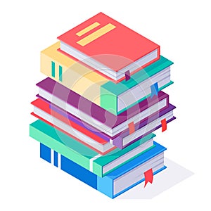 Isometric books stack. Different literature, 3d book pile, reading and education, school or college concept vector illustration.