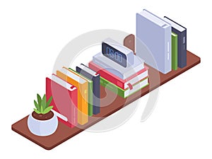 Isometric bookshelf vector background. Home interior bookshelves or library room, book stack on wooden bookcase 3d vector