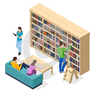 Isometric Bookshelves in the Library. Books in public library. Learning and education concept. People studying together