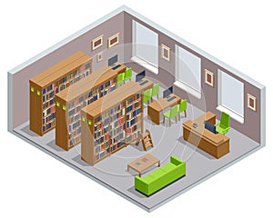Isometric Bookshelves in the Library. Books in public library. Learning and education concept. Technology E-learning