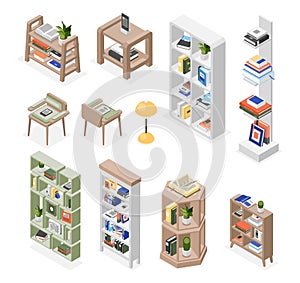 Isometric bookshelves. Library furniture, shelf and chairs. Book piles on shelves. School or university, bookstore