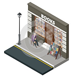 Isometric bookstore facade in flat style isolated on white background. Books, science, knowledge. Storefront and a shelf