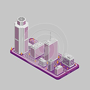 Isometric Bordeaux Color City On a Flat  Smart Mobile Phone Like Surface