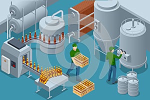 Isometric Bottler and packaging of bottles. Interior composition brewery production facility, Conveyor belt with bottles