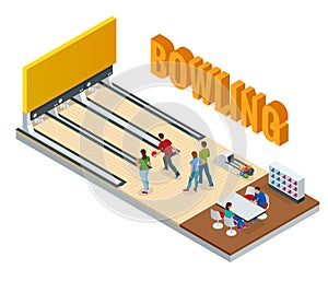 Isometric Bowling Center Interior with Game Equipment. Vector Bowling Alley for Game and Party.