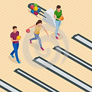 Isometric Bowling Center Interior with Game Equipment. Vector Bowling Alley for Game and Party.