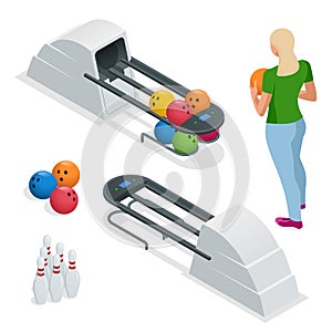 Isometric Bowling pins at bowling machine. A bowling ball return right out of a bowling alley. Vector illustration