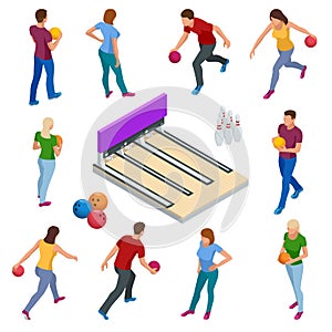 Isometric Bowling realistic icons set with game equipment, cafe tables, shelves for shoes, skittles, and balls isolated