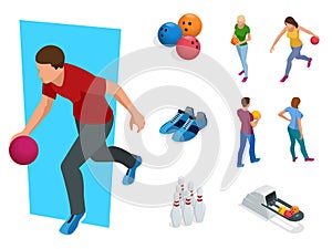 Isometric Bowling realistic icons set with game equipment, cafe tables, shelves for shoes, skittles, and balls isolated