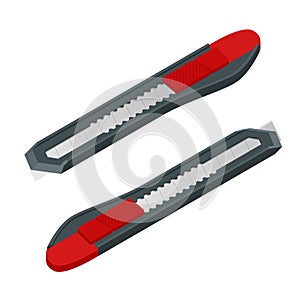 Isometric Box cutter knife, red paper cutter isolated on white. Stationery outline, office knife vector illustration