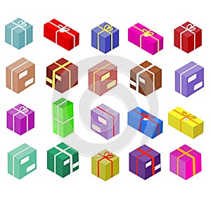 Isometric boxes isolated on white. Vector icons. Postal, package and gift colorful boxes. Shipping theme