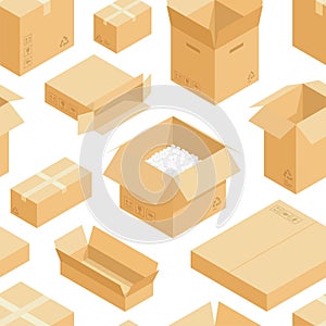 Isometric boxes pattern. Seamless print of abstract cardboard packaging containers, warehouse delivery cargo concept
