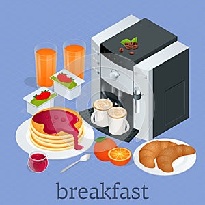 Isometric Breakfast and kitchen equipment concept. Breakfast served with coffee, orange juice, croissants, cereals and
