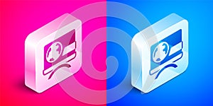 Isometric Breaking news icon isolated on pink and blue background. News on television. News anchor broadcasting. Mass