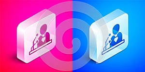 Isometric Breaking news icon isolated on pink and blue background. News on television. News anchor broadcasting. Mass