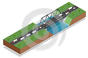 Isometric bridge over the river. Commercial transport. Truck car. Various types of load and cargo. Logistics. Vector