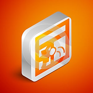 Isometric Broken window icon isolated on orange background. Damaged window. Beaten windowpane concept. Vandalism. Silver