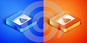 Isometric Browser with exclamation mark icon isolated on blue and orange background. Alert message smartphone