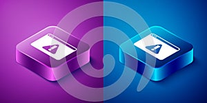 Isometric Browser with exclamation mark icon isolated on blue and purple background. Alert message smartphone