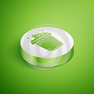 Isometric Bucket with soap suds icon isolated on green background. Bowl with water. Washing clothes, cleaning equipment