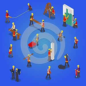 Isometric builders construction workers collection set