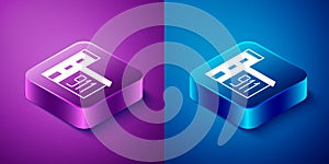 Isometric Building of fire station icon isolated on blue and purple background. Fire department building. Square button