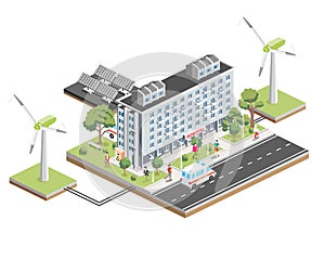 Isometric building of hospital with solar panels and wind turbines. City clinic. Architectural symbol isolated on white. Ambulance