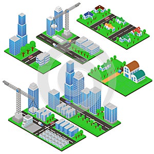 Isometric buildings and building constructions with trees and roads. Public buildings, country houses, living complexes