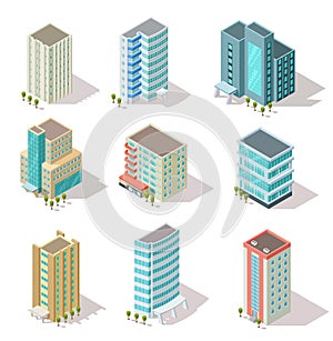 Isometric buildings. Business offices, apartment houses, skyscrapers for infographic city map, architectural landscape