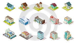 Isometric buildings. City urban infrastructure, residential, industrial and social buildings 3d vector set