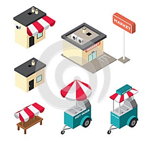 Isometric buildings of market, store, hot dog carts icons on whi