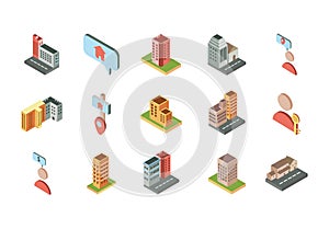 Isometric buildings real estate location icons set