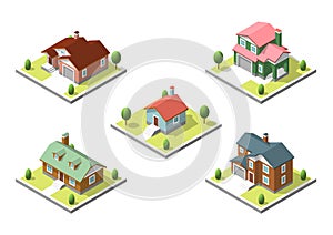 Isometric buildings set. Flat style. Vector illustration Urban and Rural Houses collection.