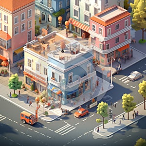 Isometric of buildings and street elements set. Houses, homes and offices. Bus stop, trees cars and people. By generative Ai