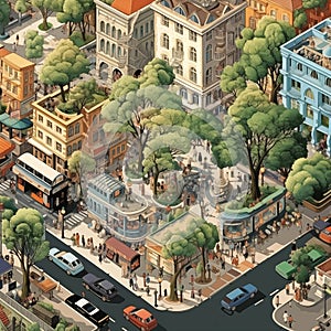 Isometric of buildings and street elements set. Houses, homes and offices. Bus stop, trees cars and people. By generative Ai