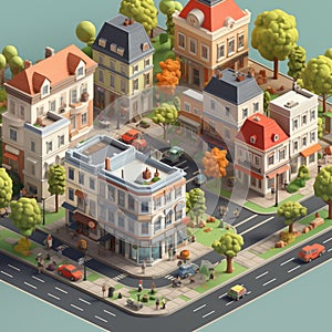 Isometric of buildings and street elements set. Houses, homes and offices. Bus stop, trees cars and people. By generative Ai