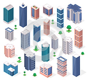 Isometric buildings. Urban skyscraper tower, modern apartment or business office building. 3d city architecture with