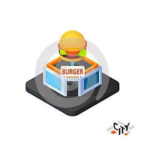 Isometric burger cafe icon, building city infographic element, vector illustration