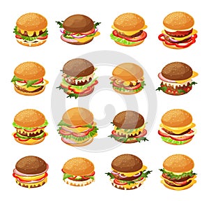 Isometric burger vector illustration set, 3d cartoon fresh different hamburgers for fast food cafe menu icon set