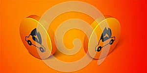 Isometric Burning car icon isolated on orange background. Car on fire. Broken auto covered with fire and smoke. Orange