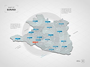 Isometric Burundi map with city names and administrative divisions.