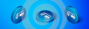 Isometric Bus icon isolated on blue background. Transportation concept. Bus tour transport sign. Tourism or public