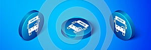 Isometric Bus icon isolated on blue background. Transportation concept. Bus tour transport sign. Tourism or public