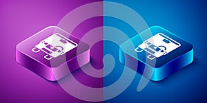 Isometric Bus icon isolated on blue and purple background. Transportation concept. Bus tour transport sign. Tourism or