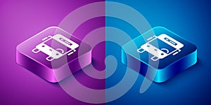 Isometric Bus icon isolated on blue and purple background. Transportation concept. Bus tour transport sign. Tourism or