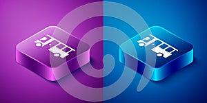 Isometric Bus icon isolated on blue and purple background. Transportation concept. Bus tour transport sign. Tourism or