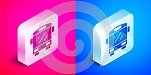 Isometric Bus icon isolated on pink and blue background. Transportation concept. Bus tour transport sign. Tourism or