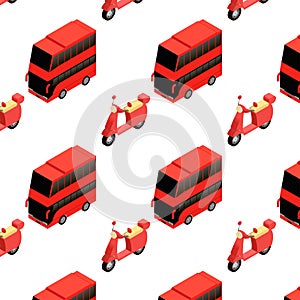 Isometric bus and moped seamless pattern