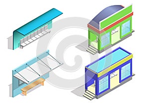 Isometric bus stop icon set