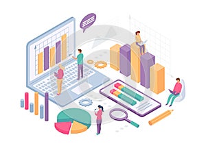Isometric business analysis. People work with data charts, statistics graph and metrics on computer screen. Finance